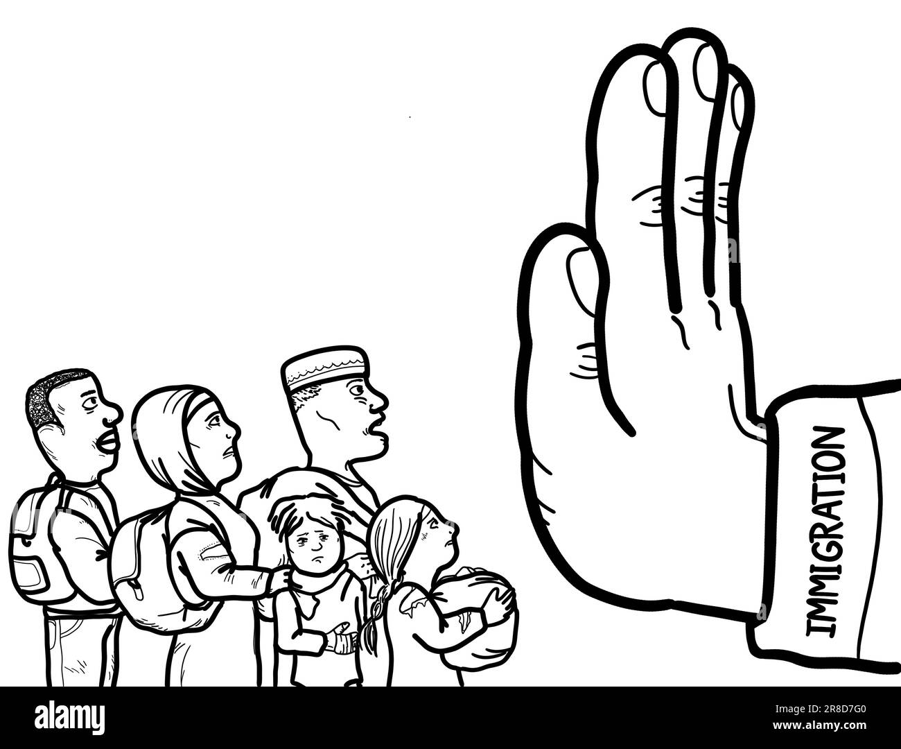 Una mano che simboleggia la prevenzione dell'immigrazione clandestina, dei rifugiati e dei richiedenti asilo dall'ingresso nel paese. Foto Stock