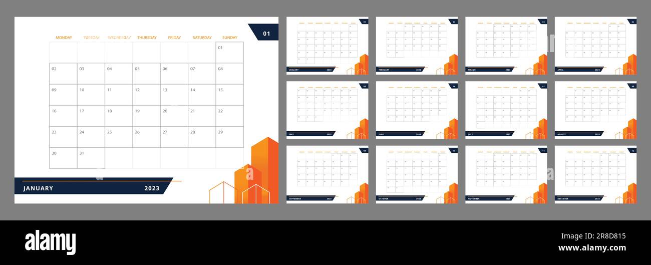 Modello di progettazione del calendario per lo sviluppo di infrastrutture urbane per 2023 anno Illustrazione Vettoriale