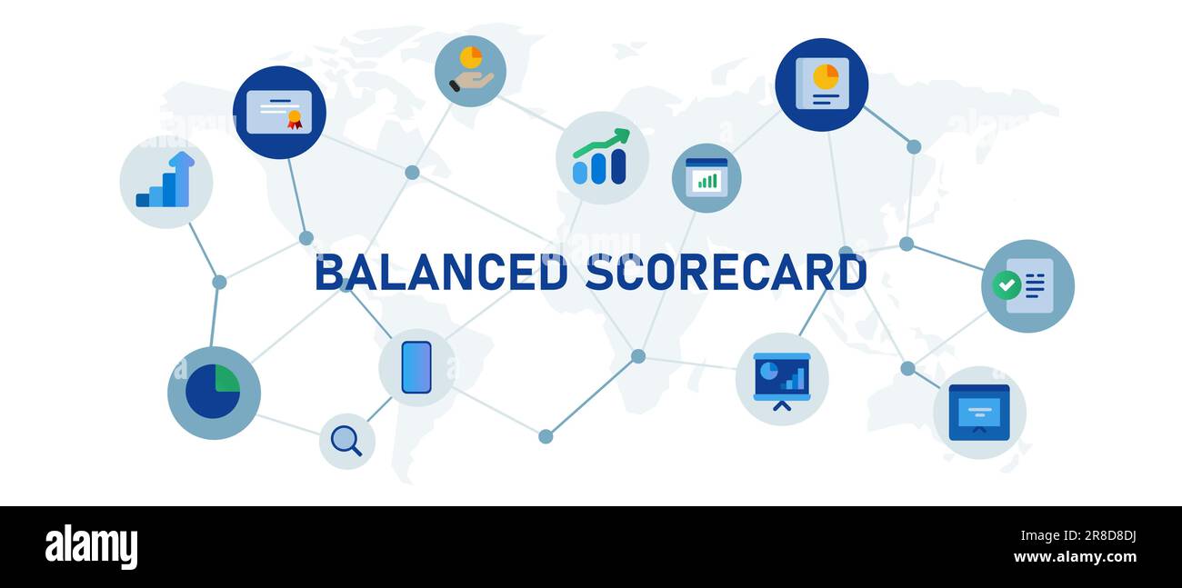 Scheda di valutazione bilanciata scheda di valutazione gestione delle revisioni interne dell'azienda concetto globale di business interconnesso illustrazione della serie di icone Illustrazione Vettoriale