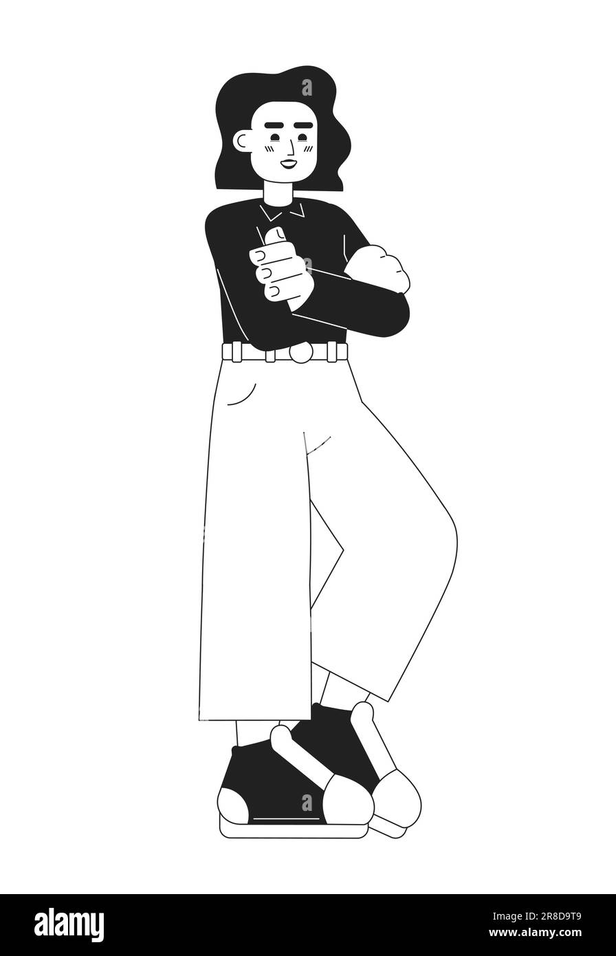 Braccia incrociate giovane donna adulta carattere piano monocromatico vettore Illustrazione Vettoriale