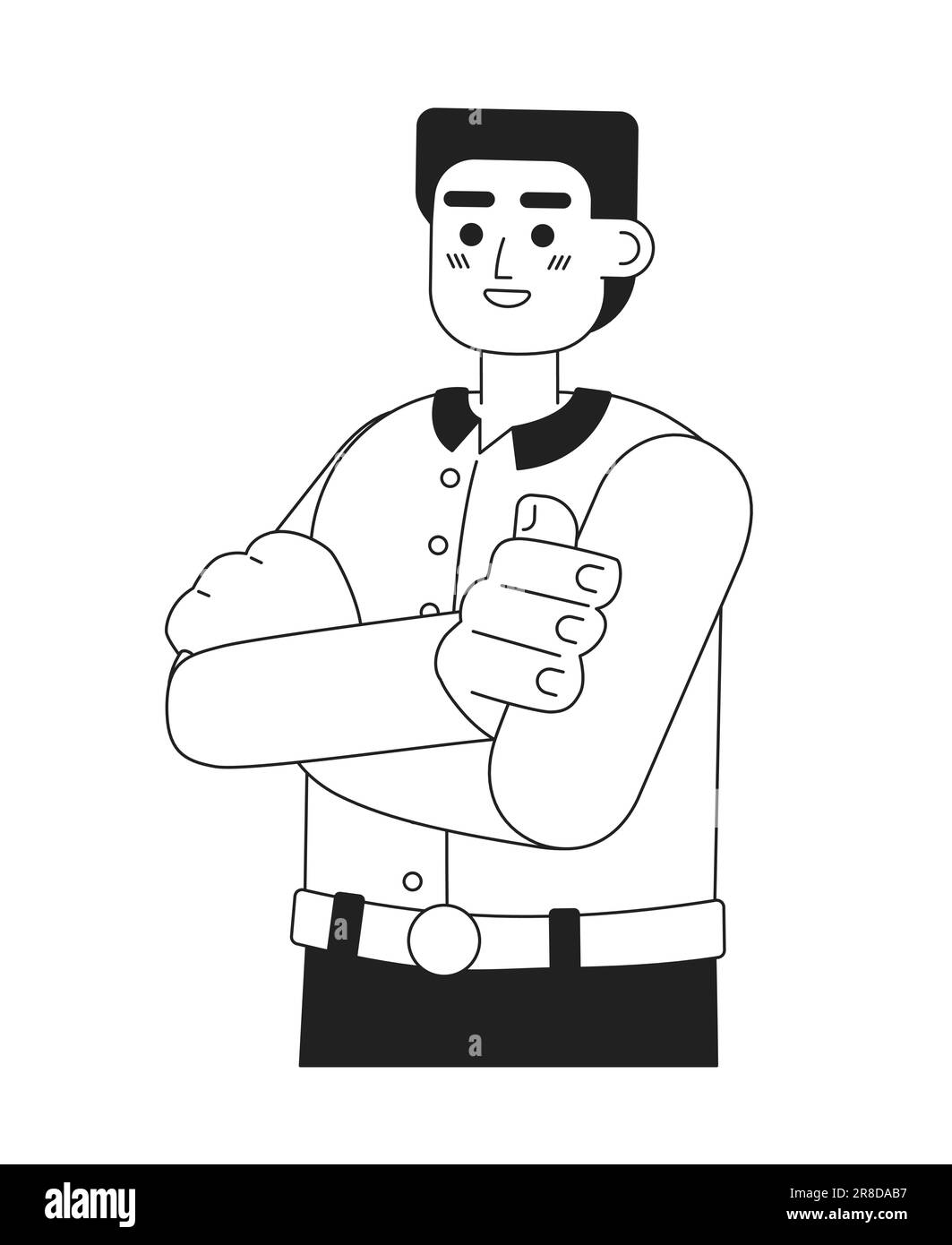 Le braccia dell'imprenditore caucasico hanno attraversato il carattere di vettore piano monocromatico Illustrazione Vettoriale