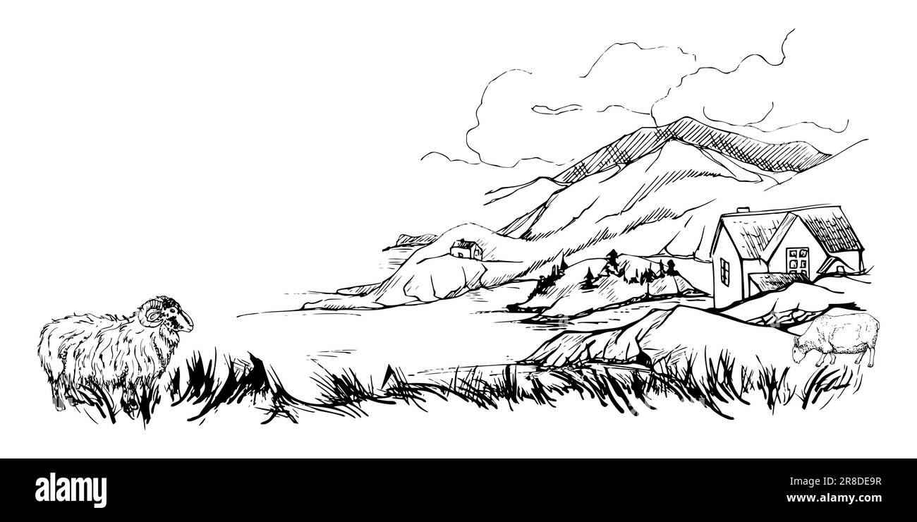 Illustrazione del vettore di schizzo disegnato a mano con inchiostro. Paesaggio paesaggio di campagna altopiani natura. Colline, lago, pecore. Composizione banner orizzontale Illustrazione Vettoriale