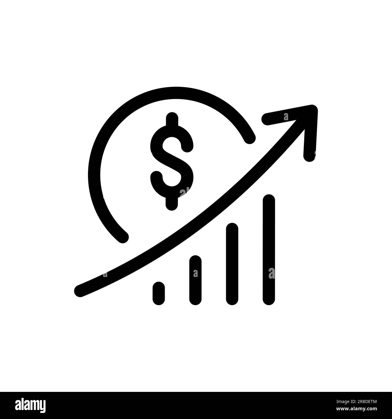 Icona del logo del diagramma vettoriale di crescita con simbolo dollaro e freccia in alto. Icona della linea vettoriale isolata su sfondo bianco. Finanza aziendale di successo Illustrazione Vettoriale