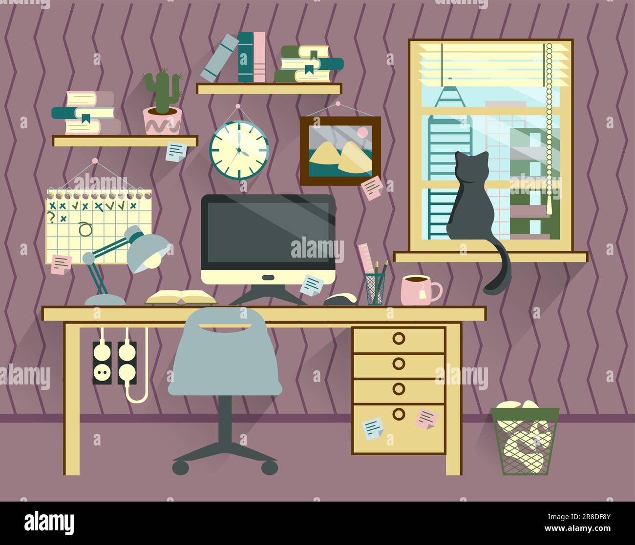 Spazio di lavoro del manager in casa o in ufficio con molte attrezzature da cancelleria su sfondo viola Illustrazione Vettoriale