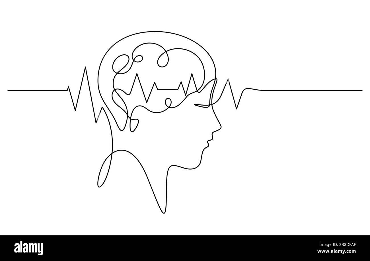 l'impulso delle onde cerebrali nella scansione della testa umana è rappresentato da un vettore a una linea Illustrazione Vettoriale