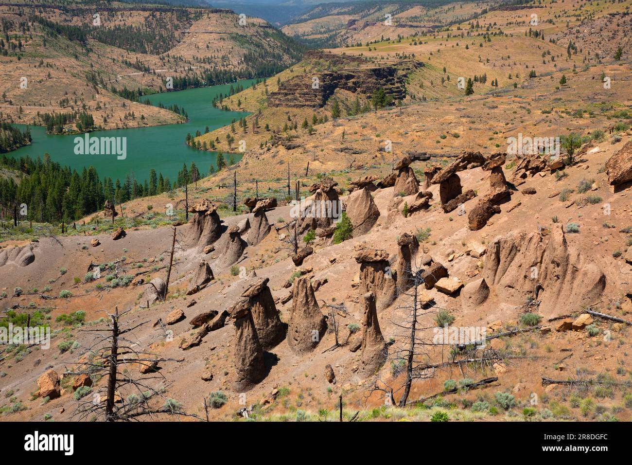 Balancing Rocks con il lago Billy Chinook, Deschutes National Forest, Oregon Foto Stock