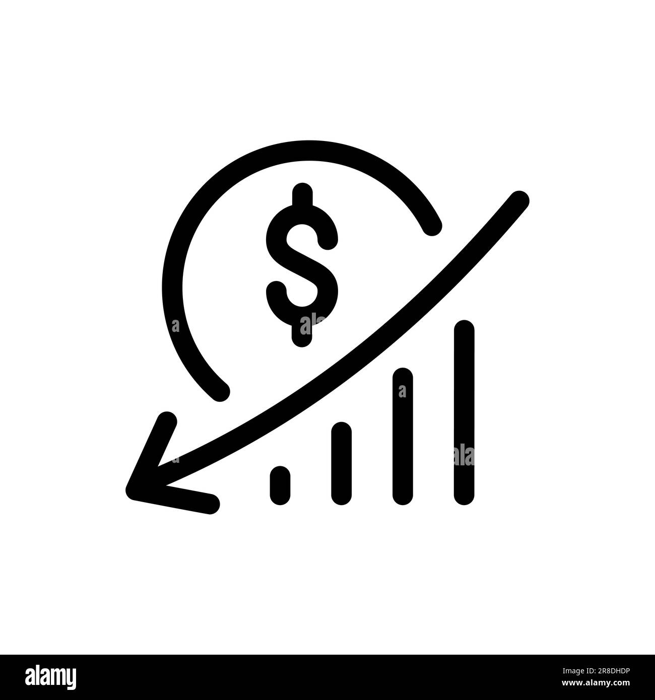 Diagramma vettoriale monolinico con freccia e simbolo icona del logo del dollaro. Grafico con tendenza verso il basso, freccia rivolta verso il basso nell'illustrazione del grafico. simbolo non riuscito Illustrazione Vettoriale