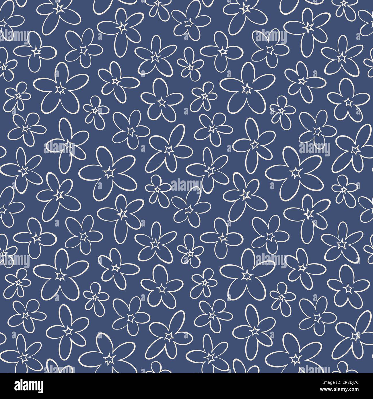 Motivo senza cuciture con fiori disegnati a mano su sfondo blu. Stampa grafica floreale. Trova il labirinto di quatrefoil gioco. Illustrazione vettoriale. Illustrazione Vettoriale