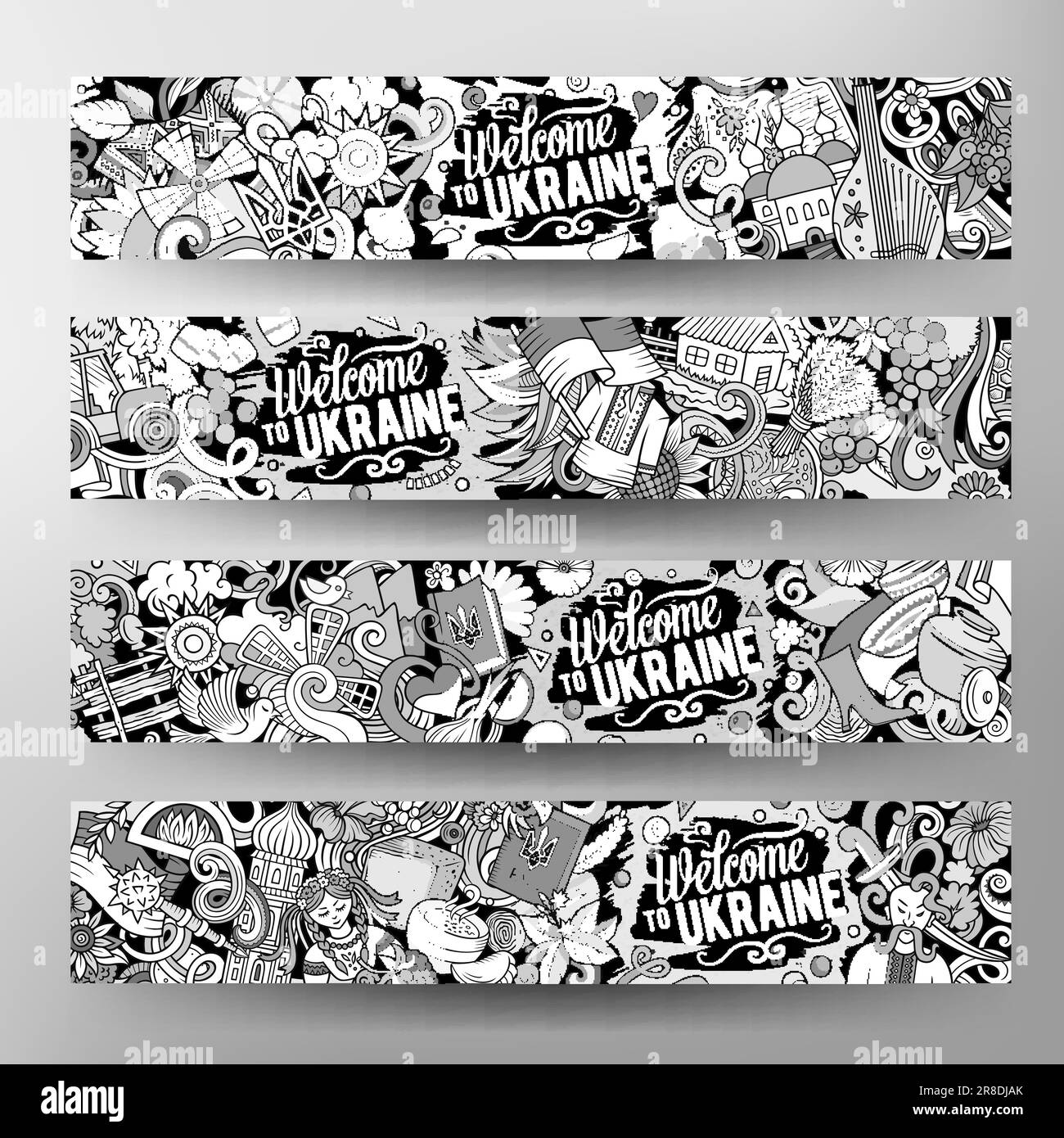 Illustrazione vettoriale con 4 striscioni orizzontali con scarabei a tema Ucraina. Modelli della cultura e delle tradizioni ucraine attraverso il simbolo del fumetto giocoso Illustrazione Vettoriale