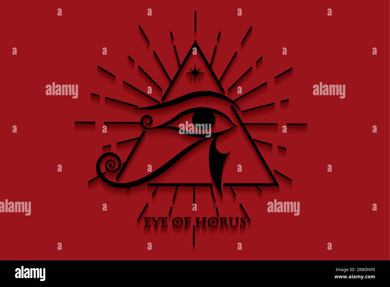 Design con logo Eye of Horus. L'antico segno della Luna Egiziana. Potente amuleto Pharaohs, tatuaggio vettore nero isolato su sfondo rosso Illustrazione Vettoriale