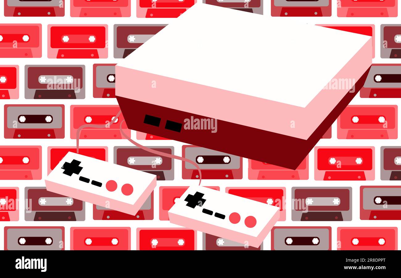 Vecchio bianco retro annata antico hipster console per videogiochi e due joystick degli anni '80, '90 su uno sfondo di diverse classi audio colorate Illustrazione Vettoriale