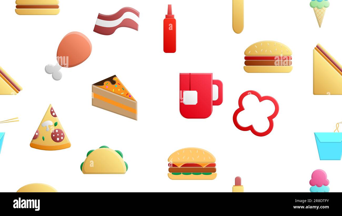 Infinite icone bianche senza cuciture di cibi deliziosi e snack set per il bar ristorante caffè: hamburger, hot dog, sandwich, pizza, burrito, bevande, Illustrazione Vettoriale