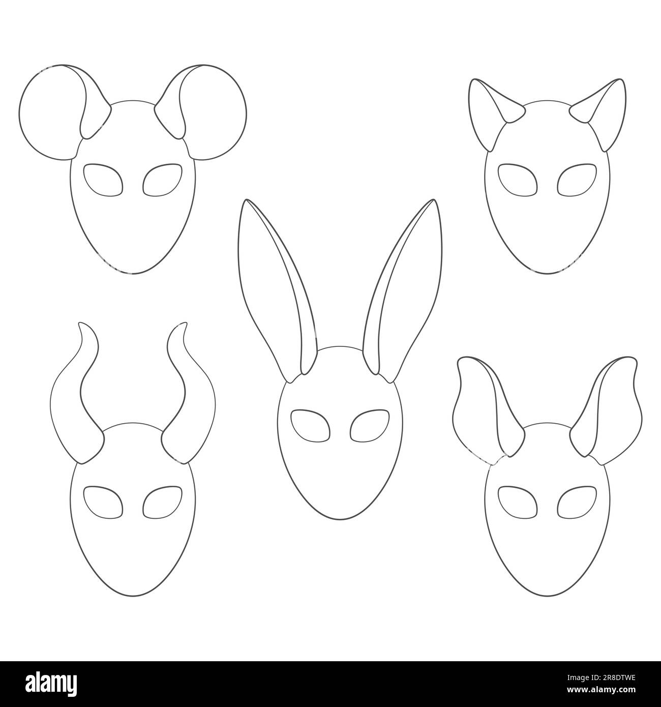 Set di maschere carnevale con coniglio, gatto, topo, corna orecchie. Oggetti vettoriali isolati su sfondo bianco. Illustrazione Vettoriale