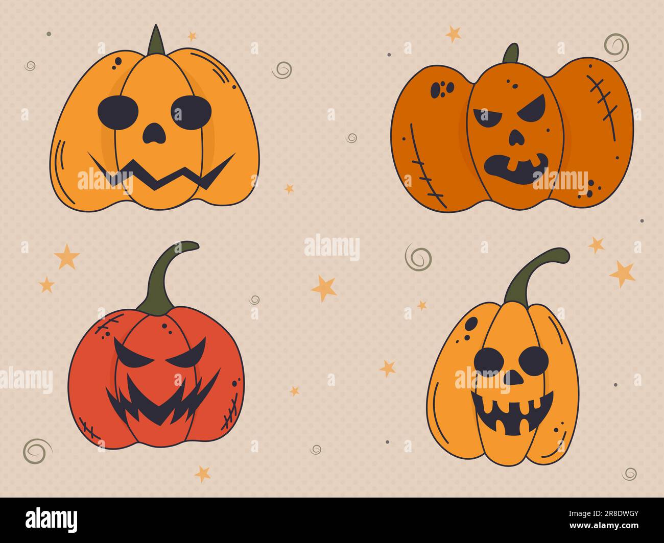 Un set di zucche spaventose per Halloween. Il simbolo principale della festa di Halloween. Illustrazione Vettoriale