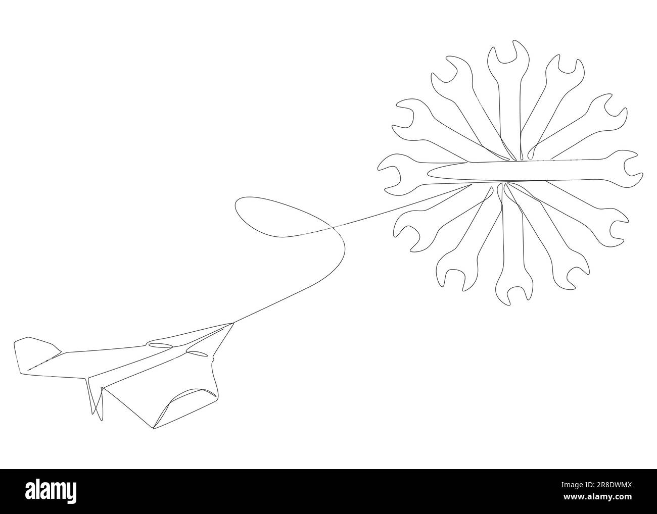 Una linea continua di aeroplano di carta con chiave. Concetto di vettore di illustrazione a linea sottile. Disegno di contorno idee creative. Illustrazione Vettoriale