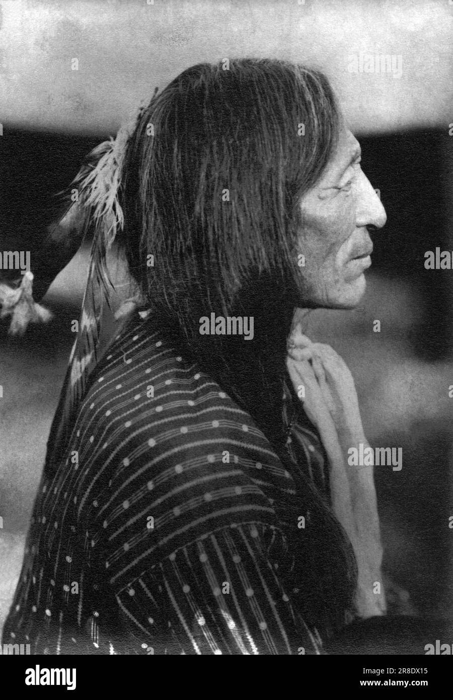 South Dakota: 1898 Un ritratto di Iron Tail, Oglala Sioux Chief, che era uno dei tre capi nativi americani utilizzati per creare il profilo composito sul nichel Buffalo. L'immagine è stata stampata dalla lastra di vetro originale prodotta nel 1910. La coda di ferro morì nel 1916. Foto Stock