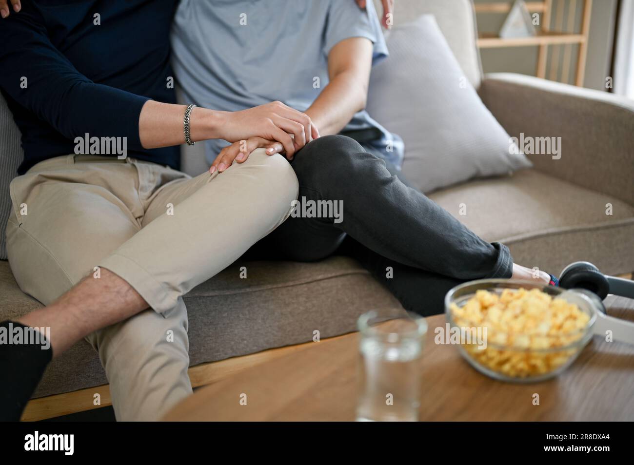 Immagine ravvicinata di un gay che tiene la mano del suo ragazzo mentre guarda un film su un divano nel soggiorno insieme. LGBTQ+, relazione, amore Foto Stock