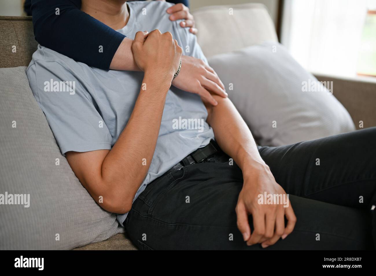 Immagine ritagliata di una felice coppia gay che si abbraccia mentre guarda un film su una TV su un divano nel soggiorno insieme. spensierato e felice momen Foto Stock