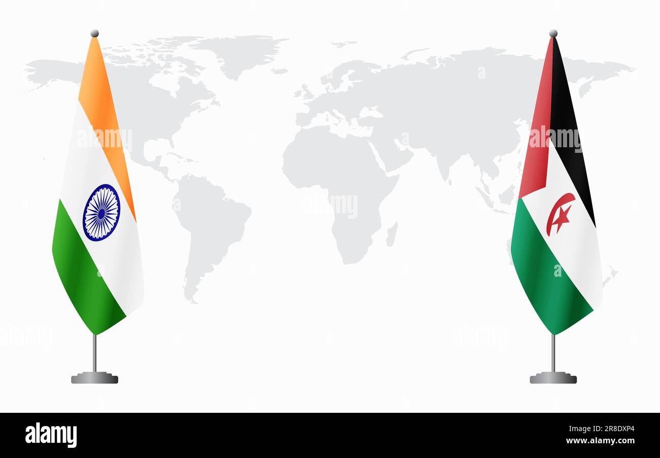 Bandiera dell'India e della Repubblica Democratica Araba Sahrawi per l'incontro ufficiale sullo sfondo della mappa mondiale. Illustrazione Vettoriale