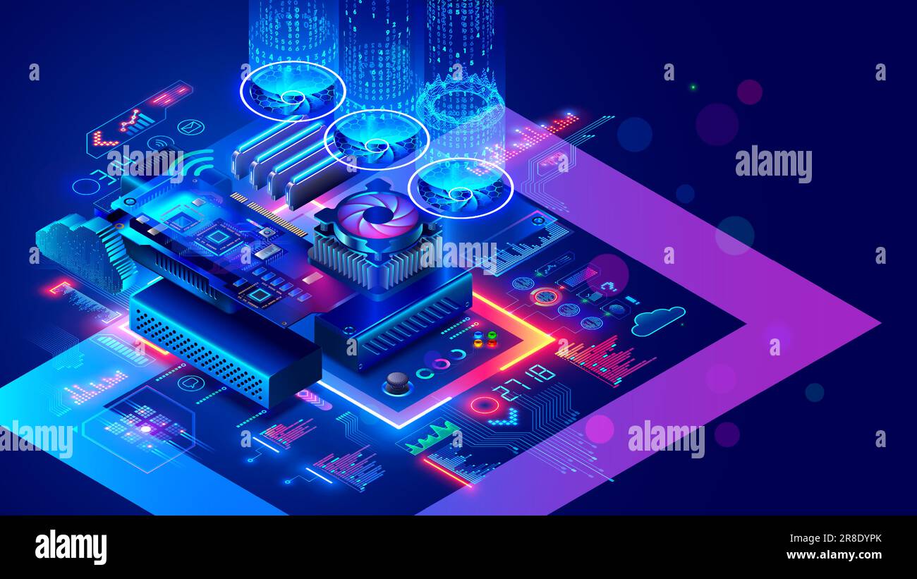 Concetto di sviluppo elettronico hardware. Scheda a circuiti elettronici o scheda madre con chip o processore CPU, scheda di memoria, GPU, refrigeratori, su computer Illustrazione Vettoriale