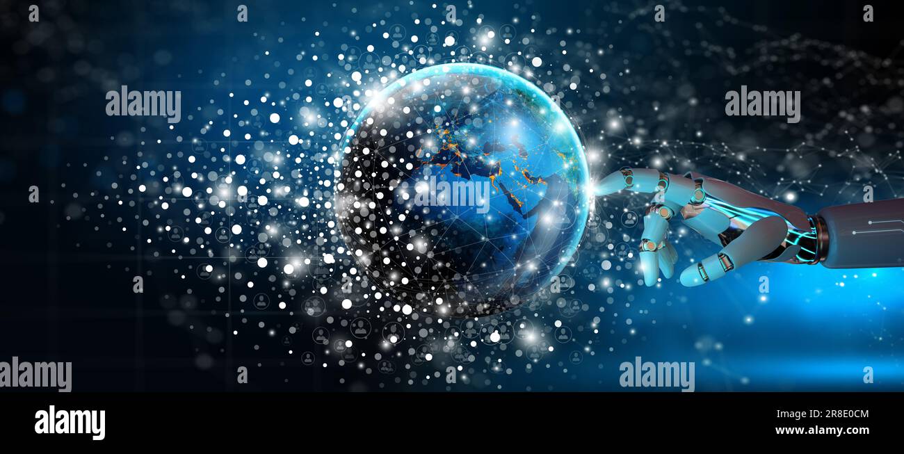 Robot Hand è leader nella connessione di rete globale e nello scambio di dati con background Abstract. Tecnologia di comunicazione per Internet business e social network. Foto Stock