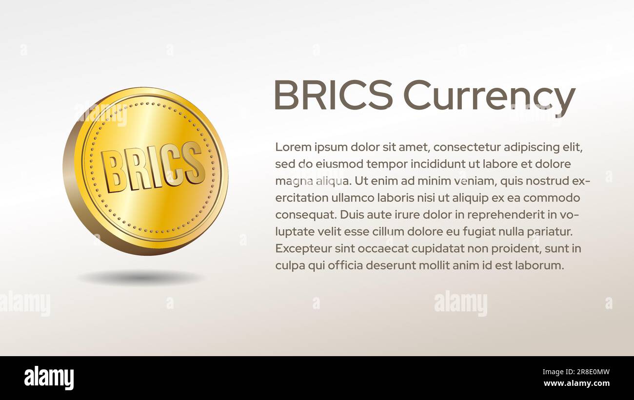 Illustrazione della valuta BRICS a 3D monete d'oro. Modello di disegno di fondo con spazio di copia per il testo, adatto per il commercio, finanza, banca ecc. Illustrazione Vettoriale