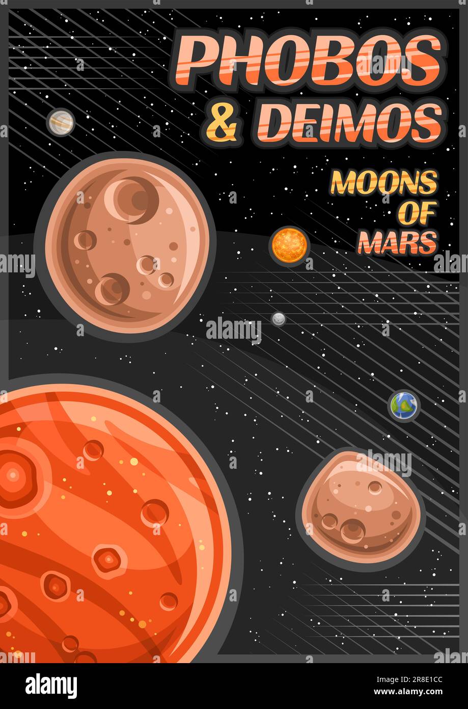 Vector Poster per Phobos e Deimos, banner verticale con illustrazione di lune di pietra rotante intorno al pianeta delle Marne cartoni animati su sfondo stellato, A4 per Illustrazione Vettoriale