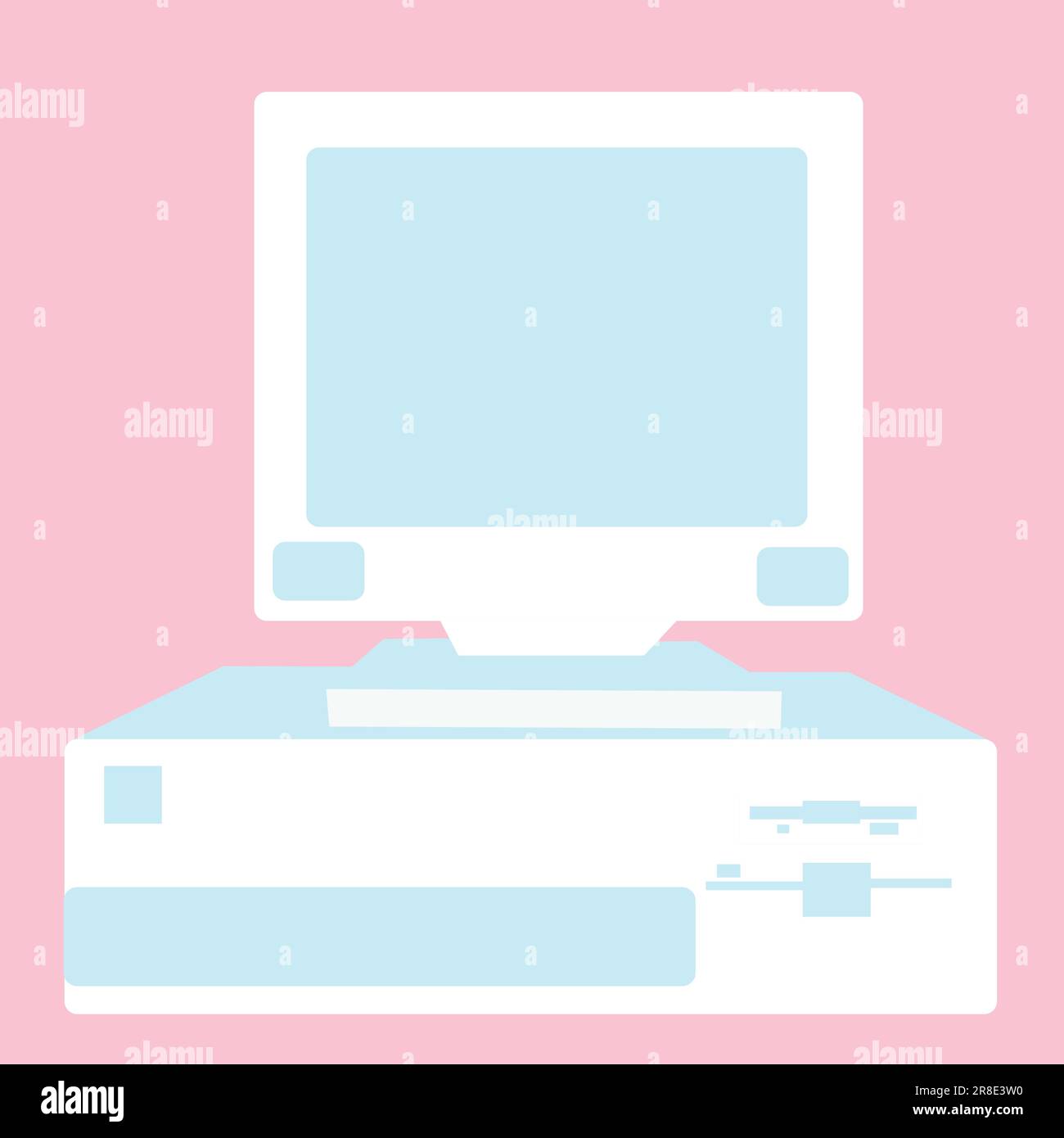 Bianco con blu retro, vintage, hipster, vecchio, femmina computer degli anni '80, '90 con un'unità di sistema situata sotto il monitor su uno sfondo rosa.VE Illustrazione Vettoriale