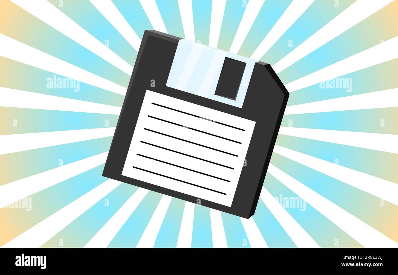 Vecchio poster retrò vintage Hipster con floppy disk per computer per memorizzare le informazioni, pc da 70s, 80s, 90s sullo sfondo dei raggi arancioni o Illustrazione Vettoriale