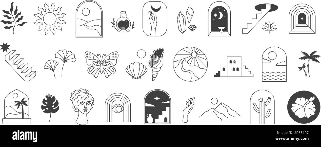 Linea bohémien art. Boho natura estetica ed elementi artistici, set di illustrazioni vettoriali astratte lineari e minimaliste. Foglie di fiori e piante , gemito Illustrazione Vettoriale