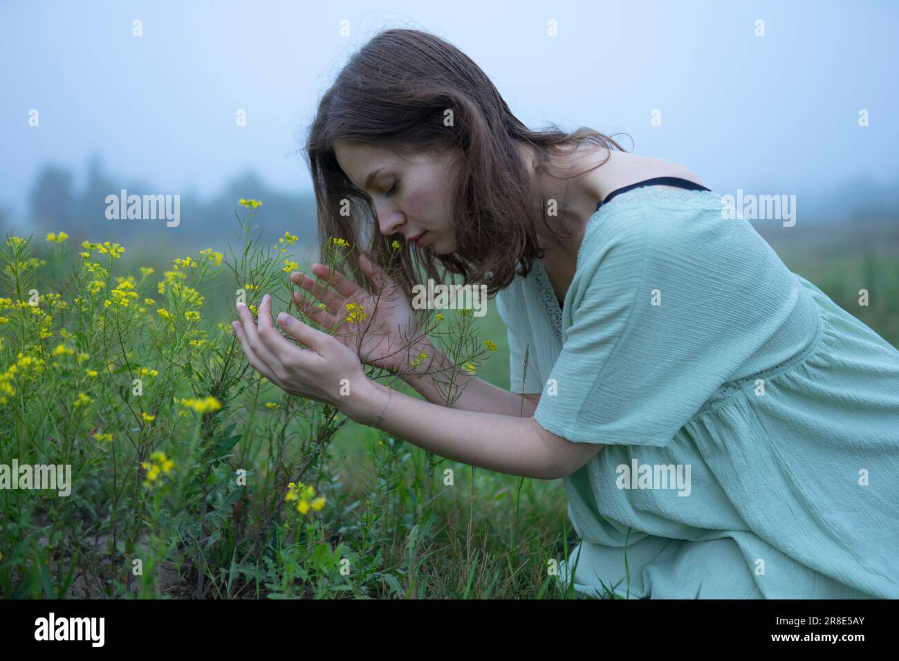 Donna che annusa fiori nel prato nelle giornate nebbiose Foto Stock