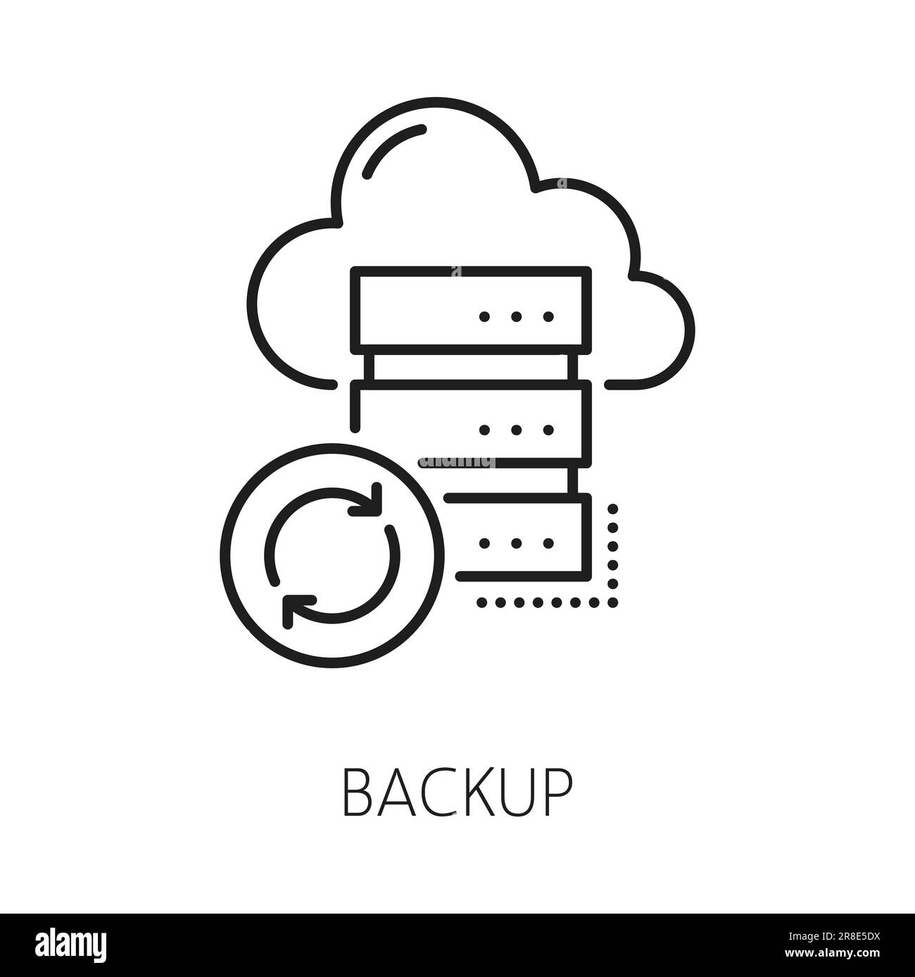 Backup. CDN. Icona della rete per la distribuzione dei contenuti, tecnologia di amministrazione dei siti Web, servizio di caricamento dei dati multimediali e segnale vettoriale del server CDN o pittogramma sottile con computer e cloud Illustrazione Vettoriale