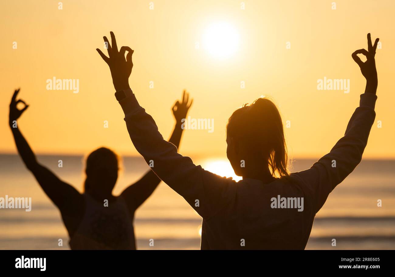 I membri del corso di Happy Seal Yoga si allenano a Cayton Bay a Scarborough mentre il sole sorge per celebrare il Solstizio d'estate. Data immagine: Mercoledì 21 giugno 2023. Foto Stock