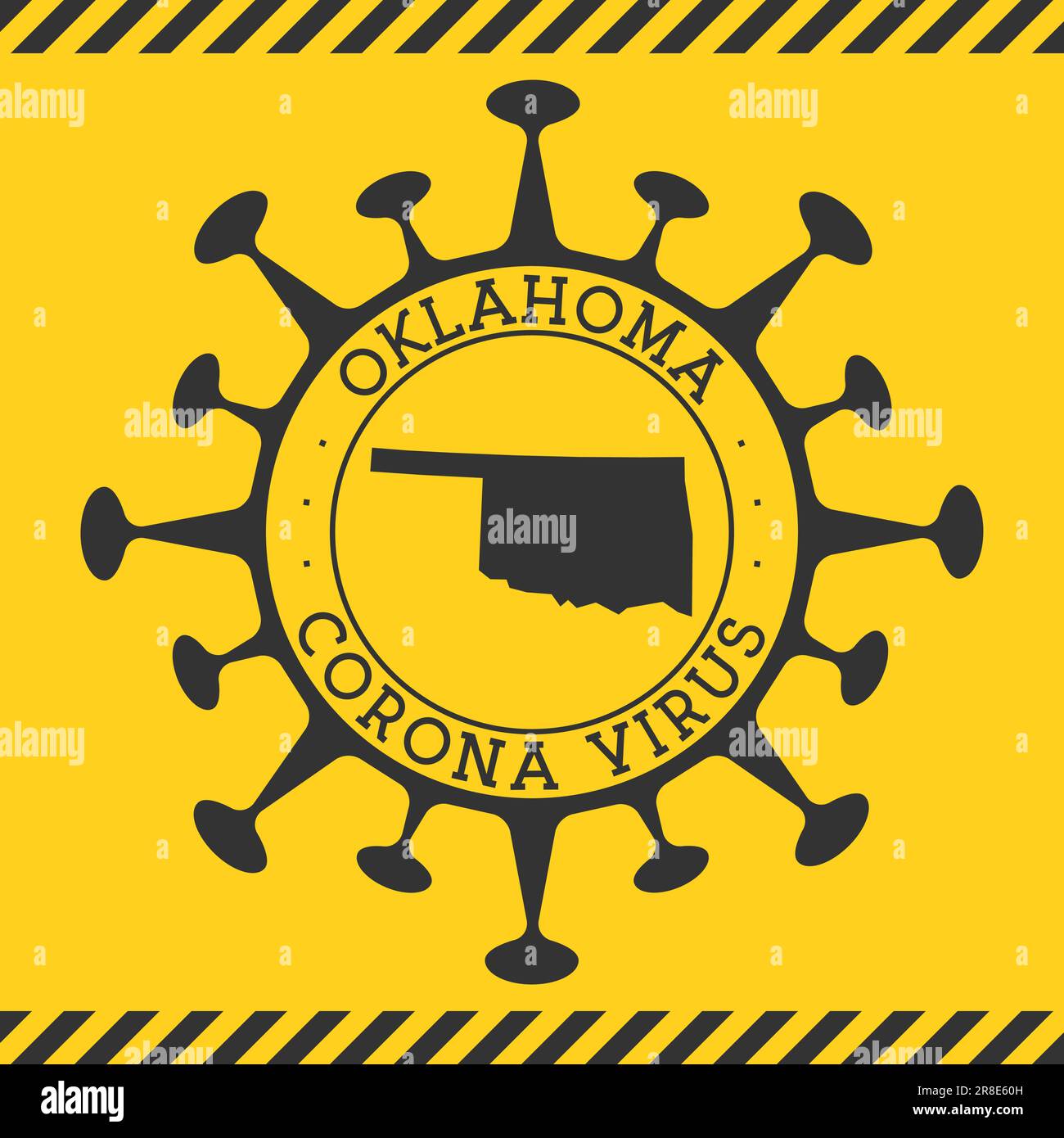 Corona virus in Oklahoma segno. Badge rotondo con forma di virus e mappa dell'Oklahoma. Giallo US stato epidemia bloccare il timbro. Illustrazione vettoriale. Illustrazione Vettoriale