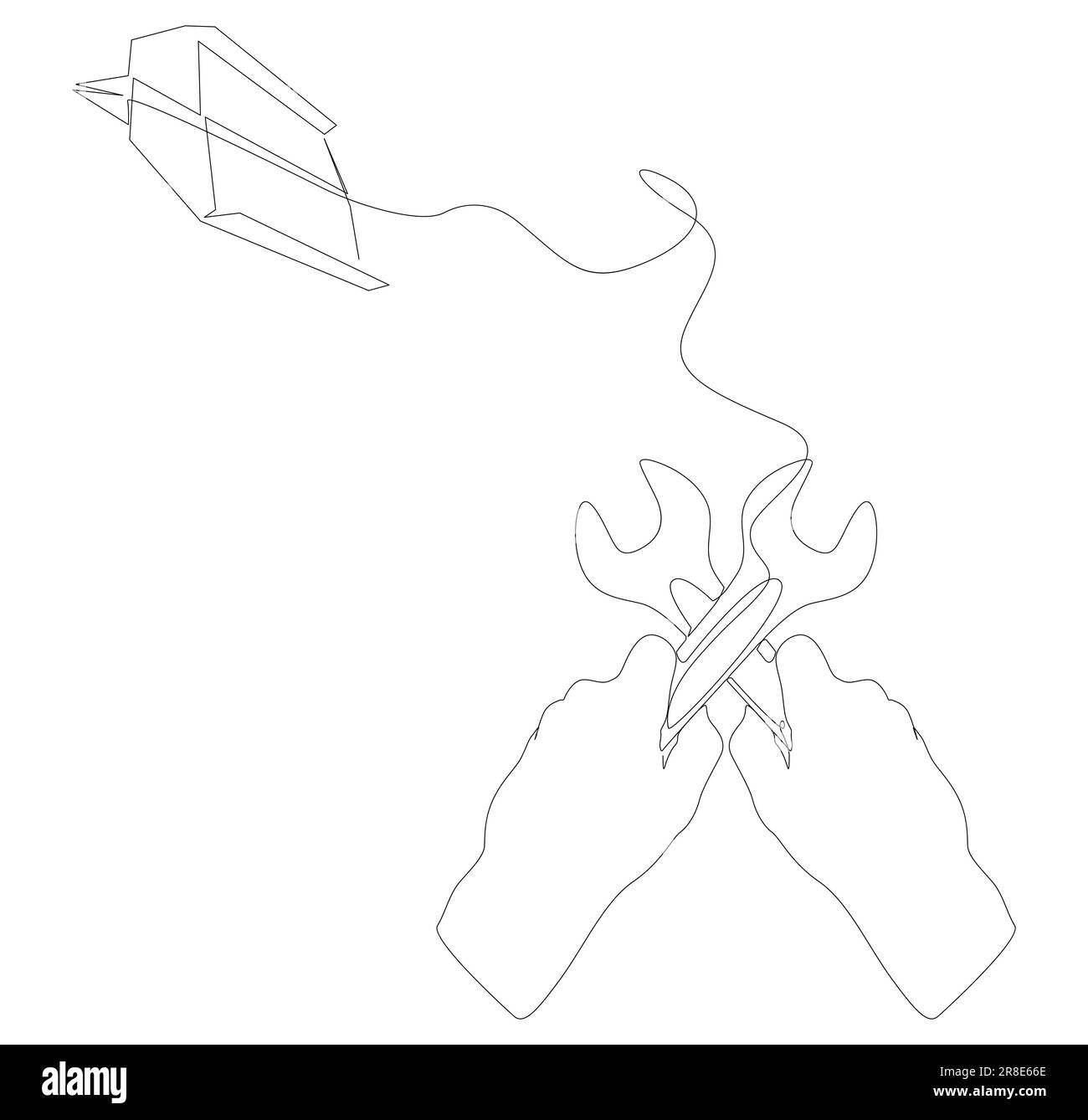 Una linea continua di aeroplano di carta con chiave. Concetto di vettore di illustrazione a linea sottile. Disegno di contorno idee creative. Illustrazione Vettoriale