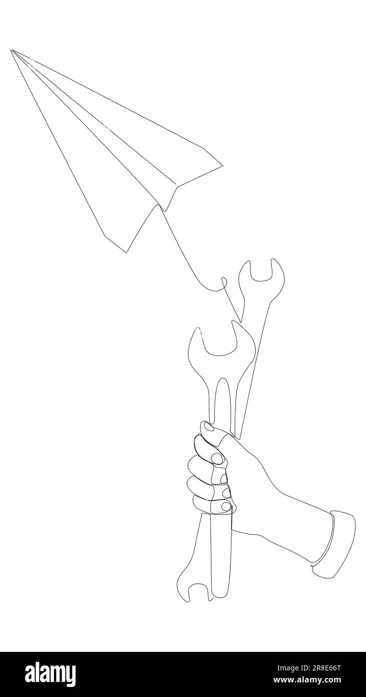 Una linea continua di aeroplano di carta con chiave. Concetto di vettore di illustrazione a linea sottile. Disegno di contorno idee creative. Illustrazione Vettoriale