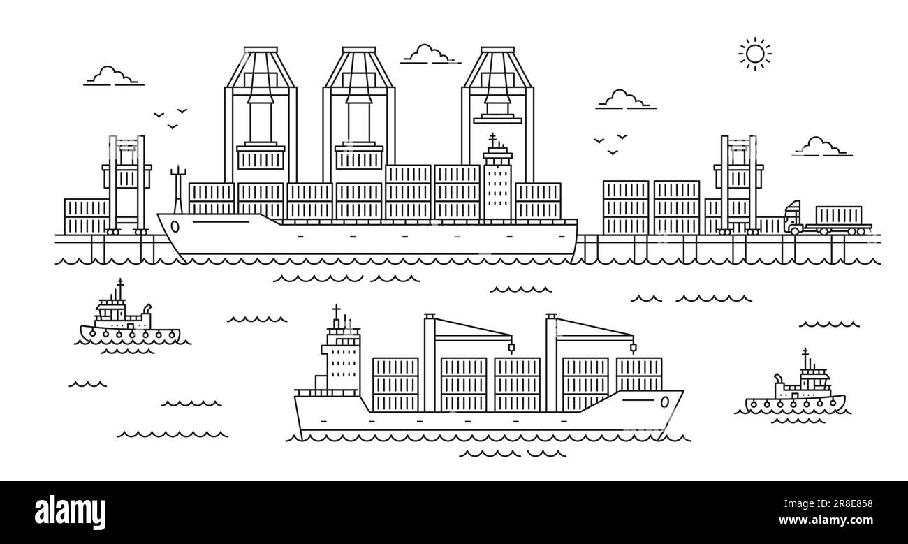 Paesaggio del porto marittimo, sfondo del profilo del centro di spedizione marittimo. Trasporto di container, logistica per il commercio mondiale e infrastruttura portuale concetto di vettore di linea sottile con gru e navi nel molo portuale Illustrazione Vettoriale