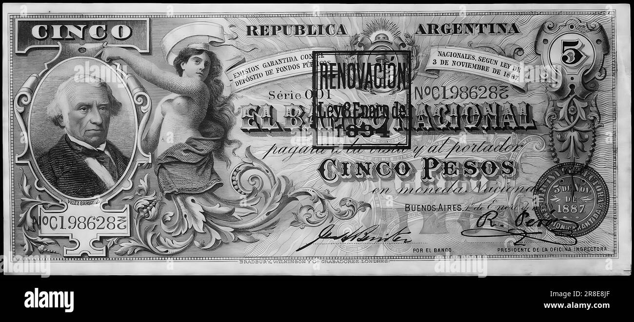 Banconota fotografica Argentina, 1887,5 pesos Foto Stock