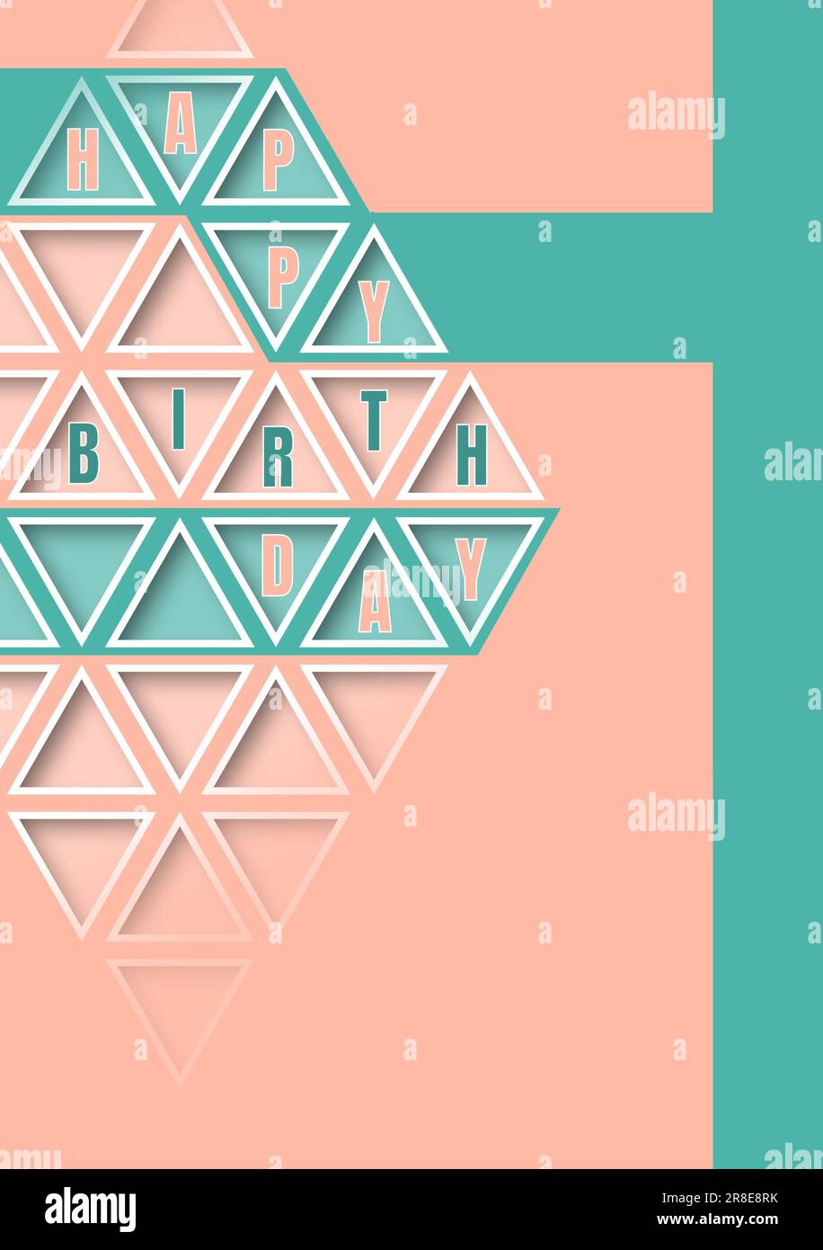 Immagine del testo di buon compleanno con triangoli blu e rosa su sfondo colorato, spazio di copia Foto Stock