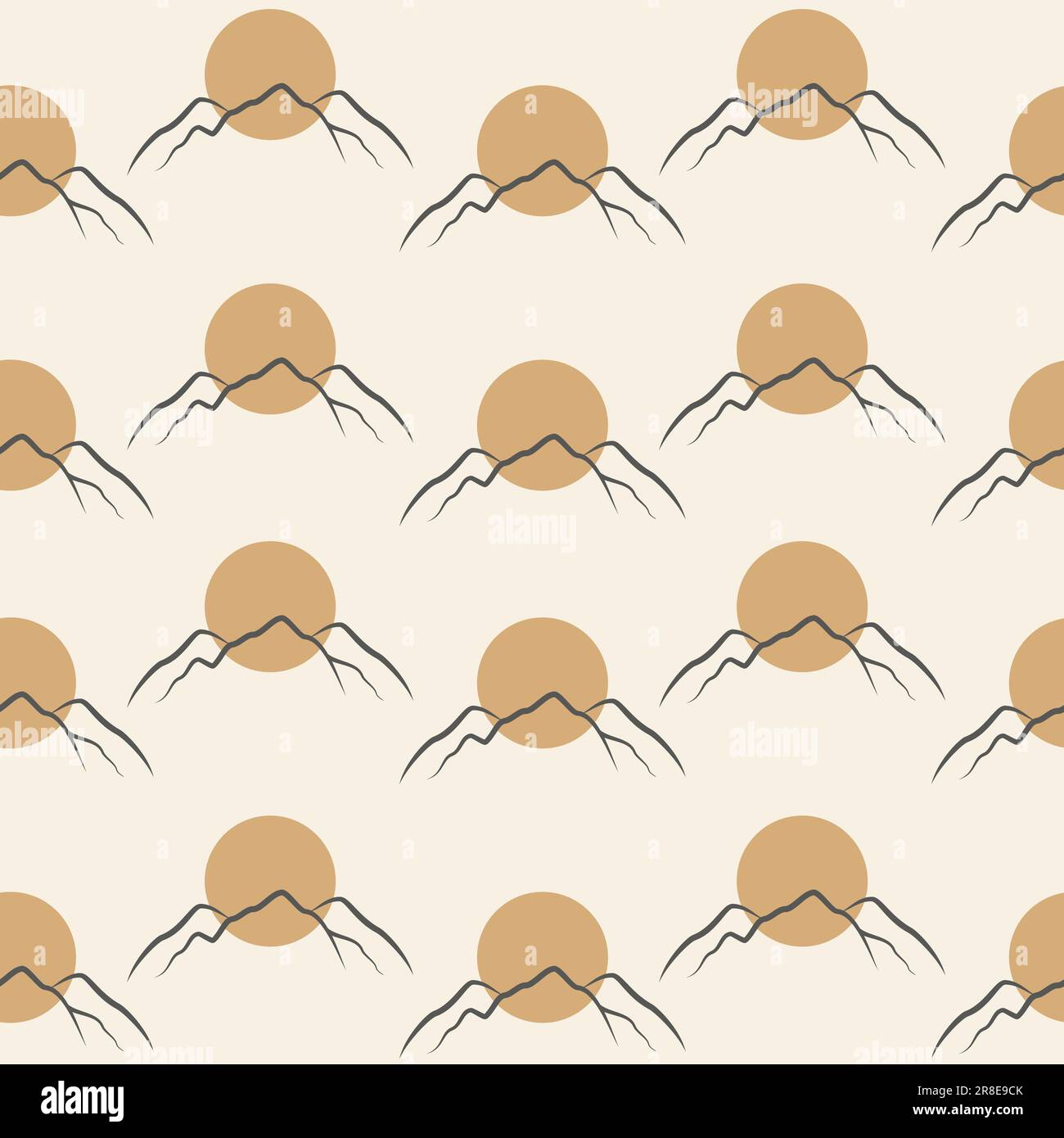 Modello beige senza cuciture con paesaggio montano minimalista. Stampa boho art neutra. Illustrazione Vettoriale