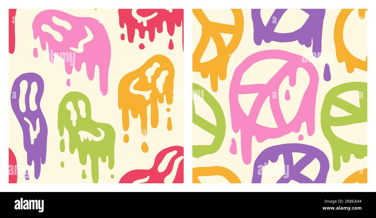 1970 Liquid Smile, Peace Pattern Pack su Groovy Colour. Stile anni Settanta, Trippy Psychedelic Print, Wallpaper. Design piatto, Hippie estetica. Illustrazione vettoriale disegnata a mano. Copertina grafica, T-shirt, adesivo, social media. Illustrazione Vettoriale