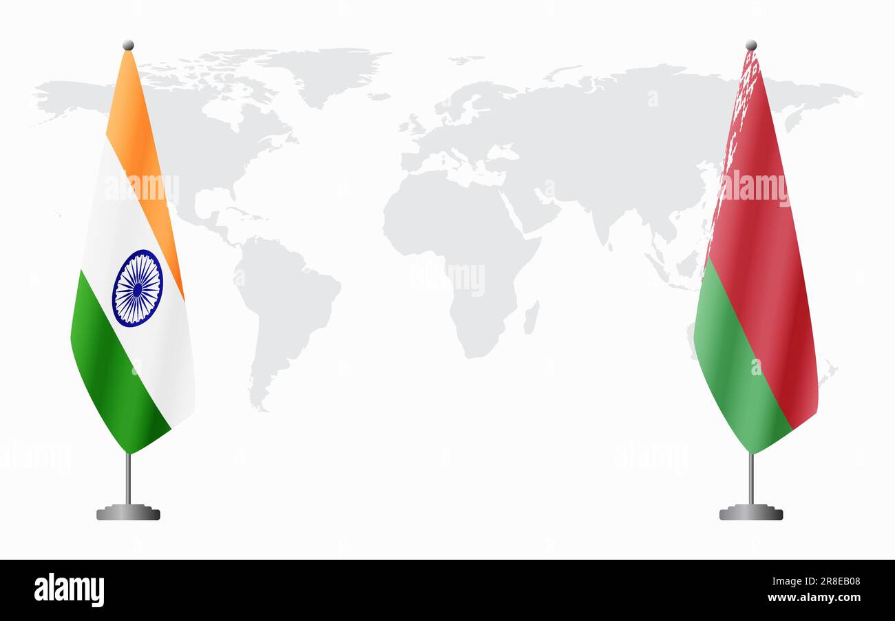 Bandiere indiane e bielorusse per l'incontro ufficiale sullo sfondo della mappa mondiale. Illustrazione Vettoriale
