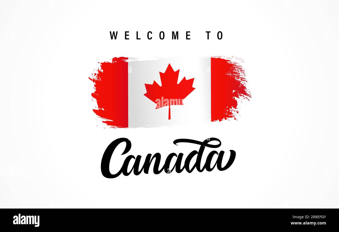 Benvenuti in Canada, design tipografico e bandiera ondulata. Messaggio e bandiera nazionale adatti come icona con logo, poster, bigliettino, badge, banner per siti Web Illustrazione Vettoriale