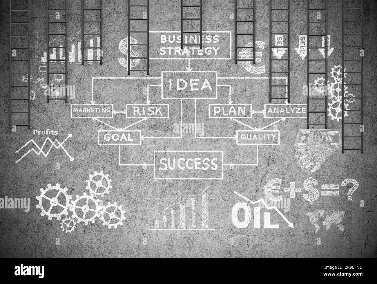 disegno strategia bussiness su parete di cemento e molte scale nere Foto Stock