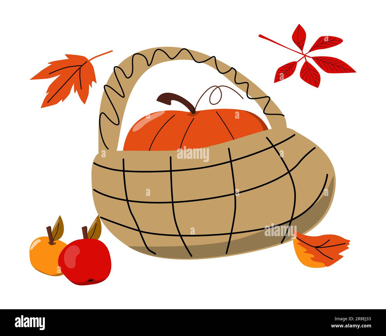zucca in un cestino, mele e foglie autunnali Illustrazione Vettoriale