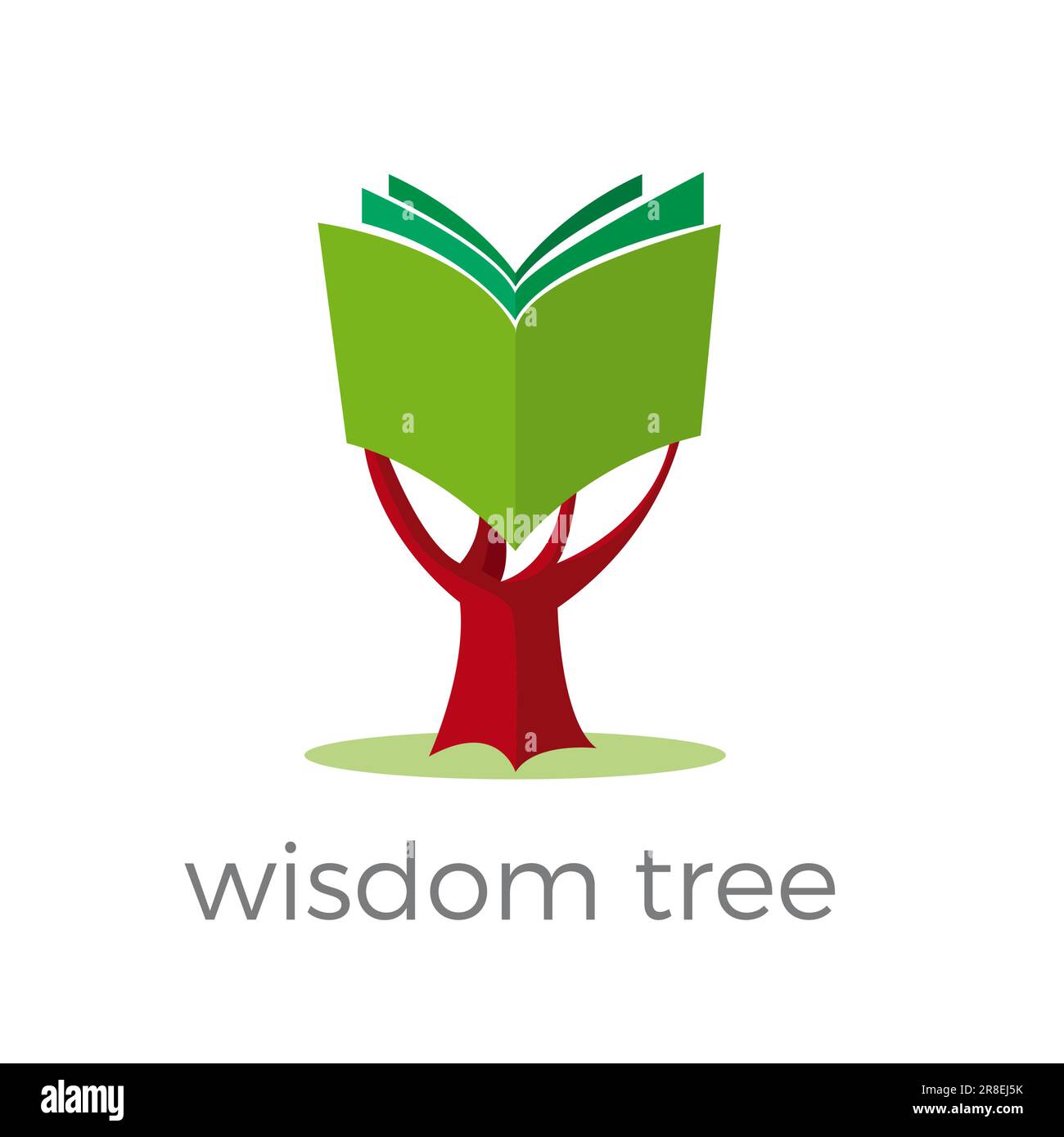 Albero di saggezza. Un libro invece delle foglie di un albero. Concetto di istruzione e apprendimento. Illustrazione vettoriale. Modello logo Illustrazione Vettoriale