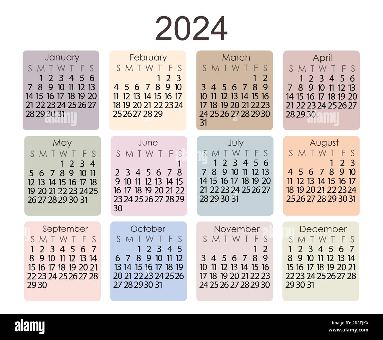 Calendario modello per l'anno 2024 in semplice stile minimalista orientamento orizzontale, astratto colorato boho pastello colore sfondo forma quadrata, la settimana inizia la Domenica, pagina stampabile vettoriale Illustrazione Vettoriale