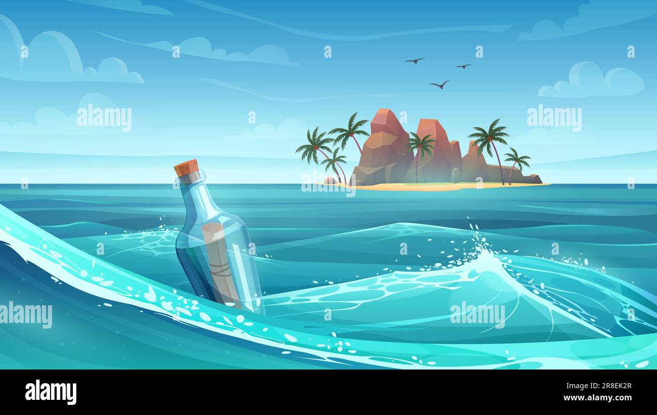 Paesaggio marino tropicale con bottiglia di vetro galleggiante a isola disabitata vettore illustrazione. Scenario di cartone animato di tropici, messaggio di speranza di carta o mappa di scorrimento del tesoro pirata all'interno bottiglia in acqua Illustrazione Vettoriale