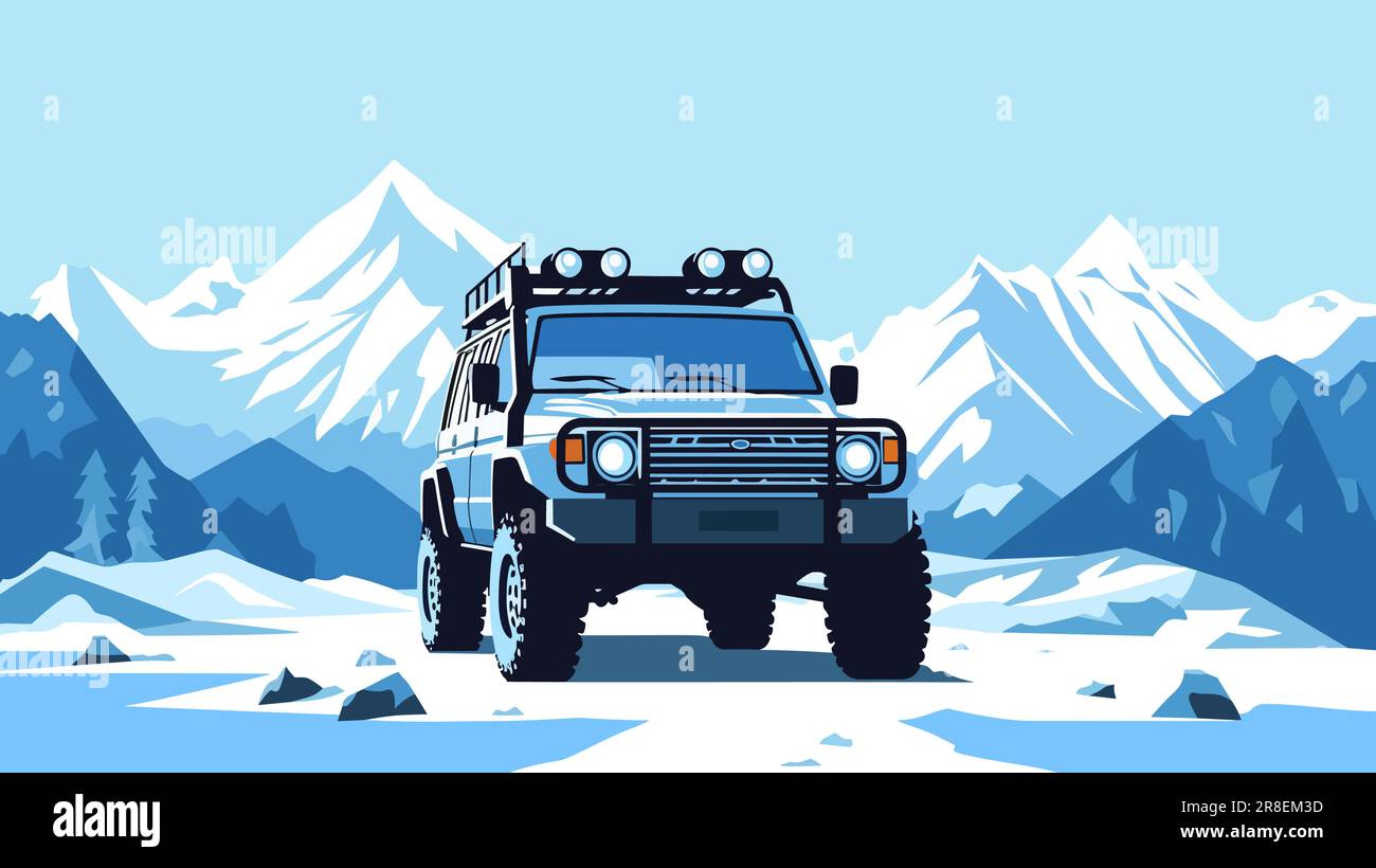 SUV fuoristrada in piedi nella neve, sullo sfondo delle montagne invernali. 4x4 auto avventura orizzontale banner vettoriale illustrazione. Illustrazione Vettoriale