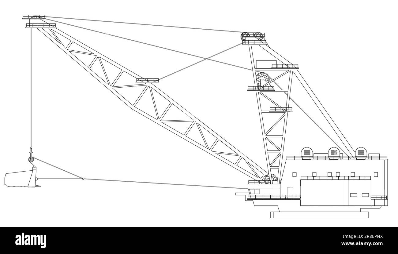 Un escavatore dragline, attrezzature pesanti. Attrezzature per l'industria mineraria. Estrazione di argilla in cava. Illustrazione Vettoriale